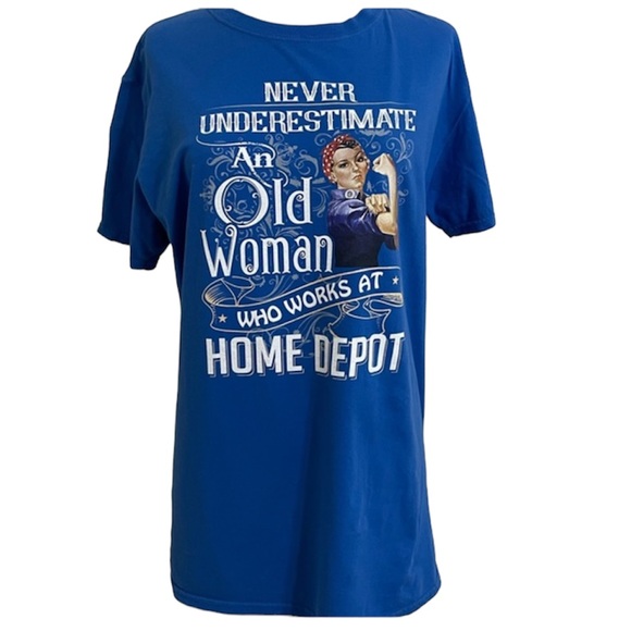 HOME DEPOT Old Woman Rosie the Riveter Blue Cotton Tee - Picture 1 of 11